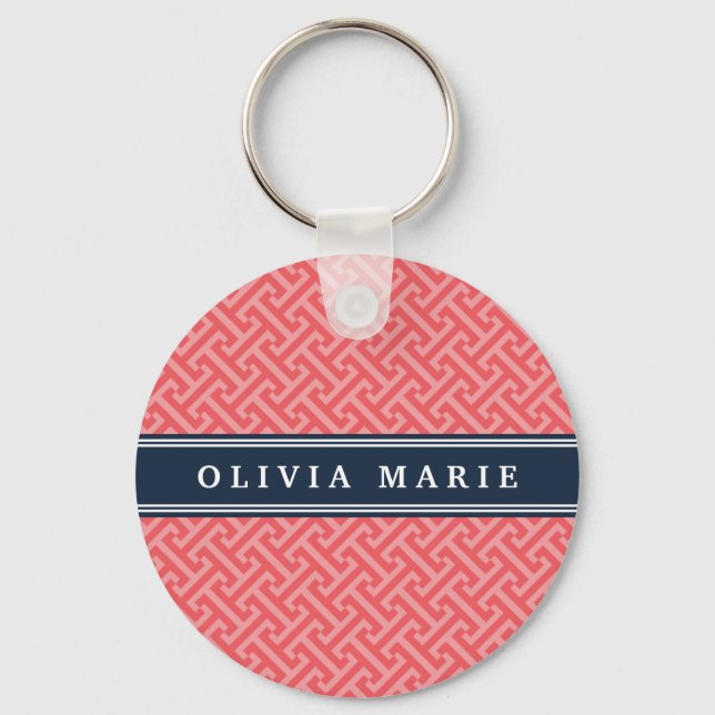 Tilted Watermelon Pink Greek Key Pattern with Name Keychain (Front)