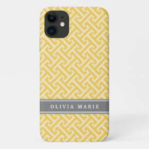 Tilted Yellow Greek Key Pattern with Name iPhone 11 Case