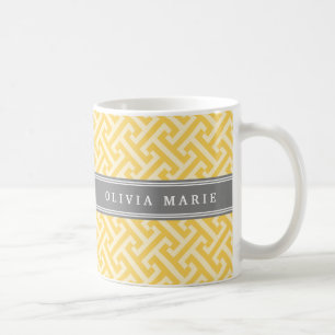 Tilted Yellow Greek Key Pattern with Name Coffee Mug