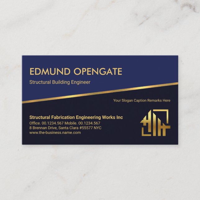 Tilting Gold Line Blue Layers Gold Rebar Engineer Business Card (Front)