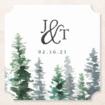 Timber Grove Wedding Monogram & Date Paper Coaster<br><div class="desc">Add personalized charm to your wedding cocktail hour or reception with these woodland chic coasters. Design features your initials joined by a decorative script ampersand, with your wedding date beneath, and a row of watercolor pine trees in wintry shades of muted hunter green and forest green. Designed to match our...</div>