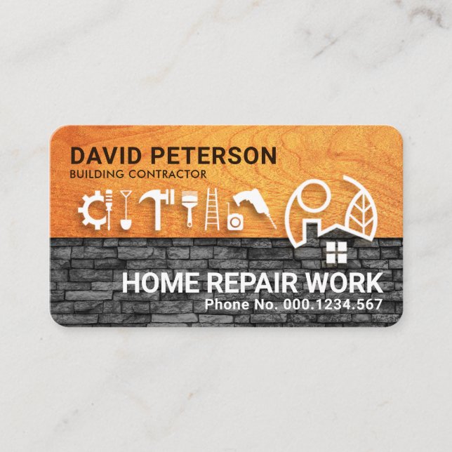 Timber Home Over Brick Wall Construction Tools Business Card (Front)