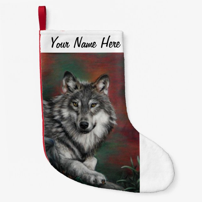 Timber wolf in autumn woods resting small christmas stocking (Front)