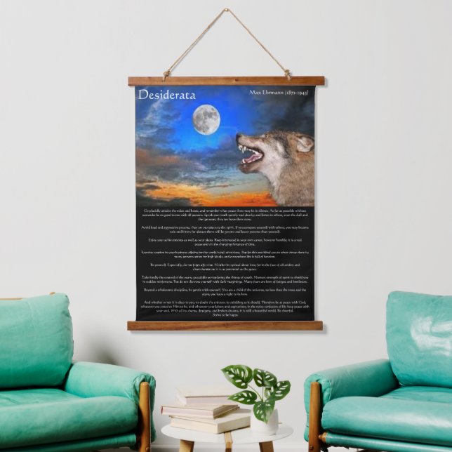 Timber wolf looking at the moon Desiderata  Hanging Tapestry (Living Room)