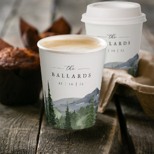 Timberline Watercolor Mountain Forest Wedding Paper Cups