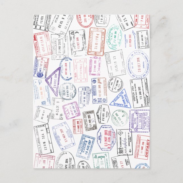 Timbres de passeport mondiaux sur une carte postal (Devant)