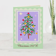 Timbres Noël Arbre Carte de vacances violet & vert