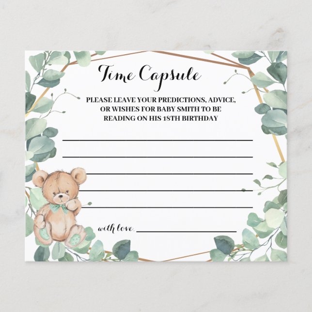 Time Capsule Advice Baby Shower Bear Greenery Card (Front)