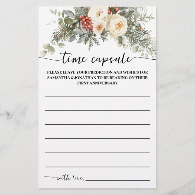 Time Capsule Advice Winter Bridal Shower Game Card (Front)