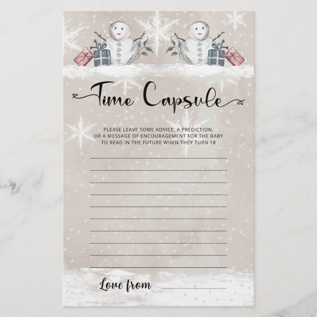 Time Capsule Snowman Baby Shower Game (Front)