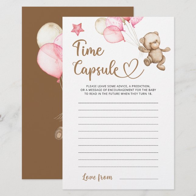 Time capsule teddy bear baby shower game (Front/Back)