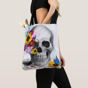 Time Changes Everything Floral butterfly skull Tote Bag