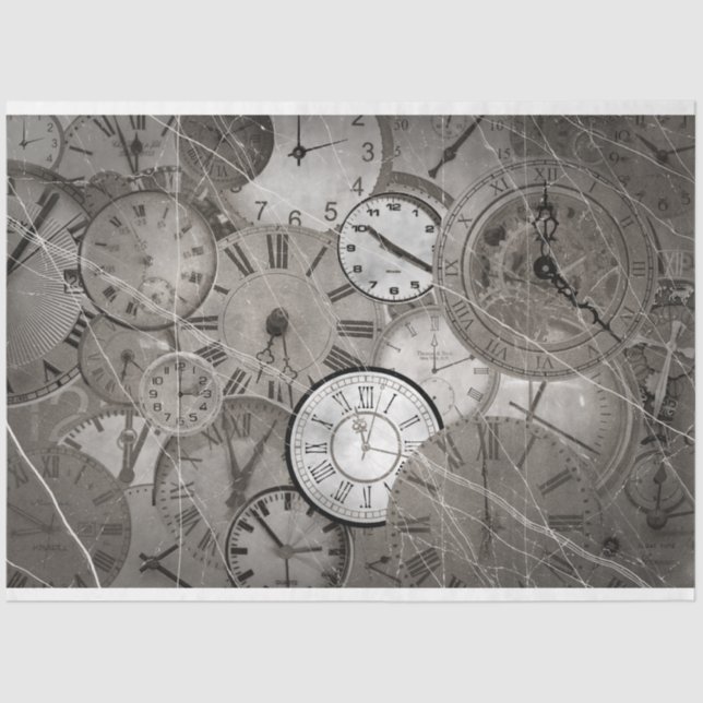 Time Clocks Collage 3 Decoupage Tissue Paper (Front)