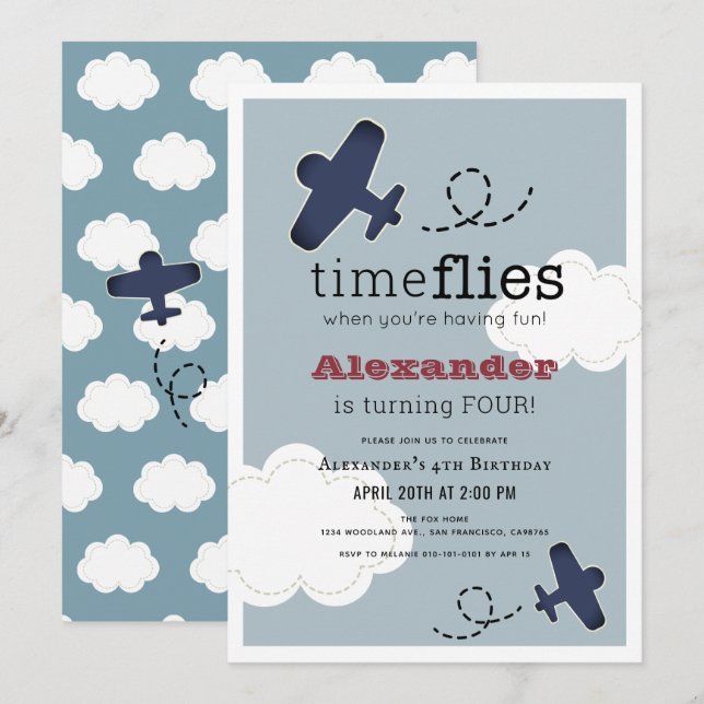 Time Flies Airplane Blue Boy Birthday Invitation (Front/Back)