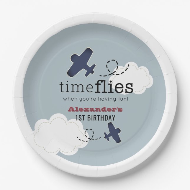 Time Flies Airplane Blue Boy Birthday Paper Plates (Front)
