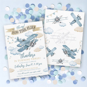 Time Flies Airplane Cool Blue Boy Birthday Party Invitation