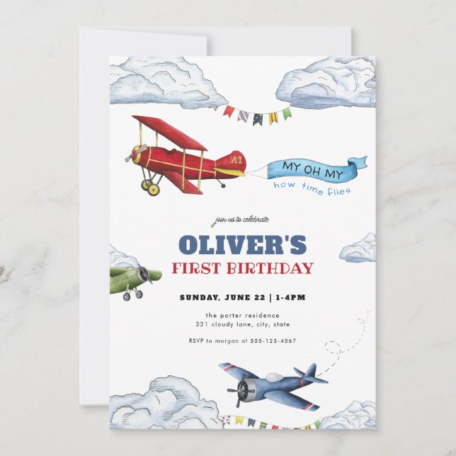 Time Flies Airplane First Birthday Invitation (Front)