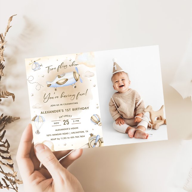 Time Flies Airplane First Birthday Party Photo  Invitation (Creator Uploaded)