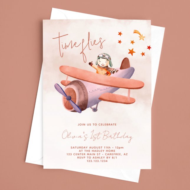 Time Flies Airplane Girl 1st Birthday Invitation (Creator Uploaded)