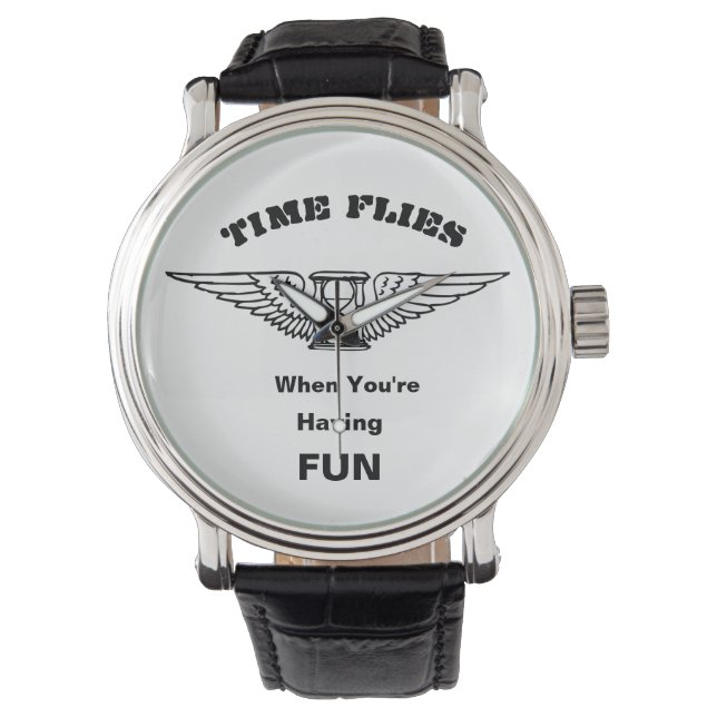 Time Flies Black Leather Watch (Front)