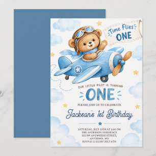 Time Flies BLUE Airplane Teddy Bear 1st Birthday Invitation