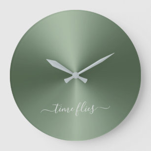 Time Flies Fern Green Metallic Style Acrylic Large Clock