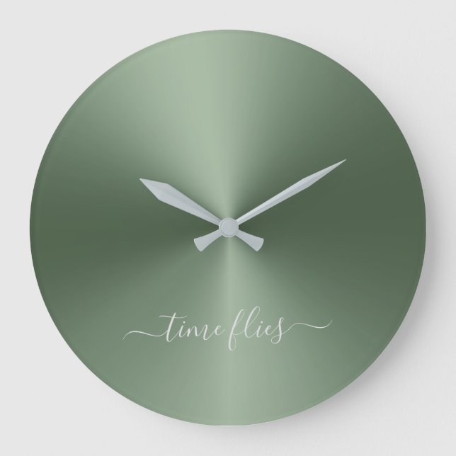 Time Flies Fern Green Metallic Style Acrylic Large Clock (Front)