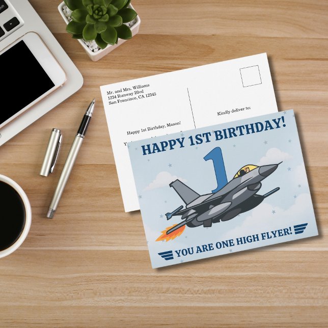 Time Flies fighter jet Airplane Boy First Birthday Postcard (Creator Uploaded)