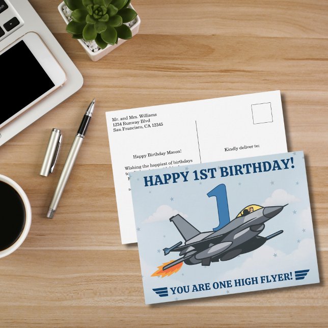 Time Flies fighter jet Airplane Boy First Birthday Postcard (Creator Uploaded)