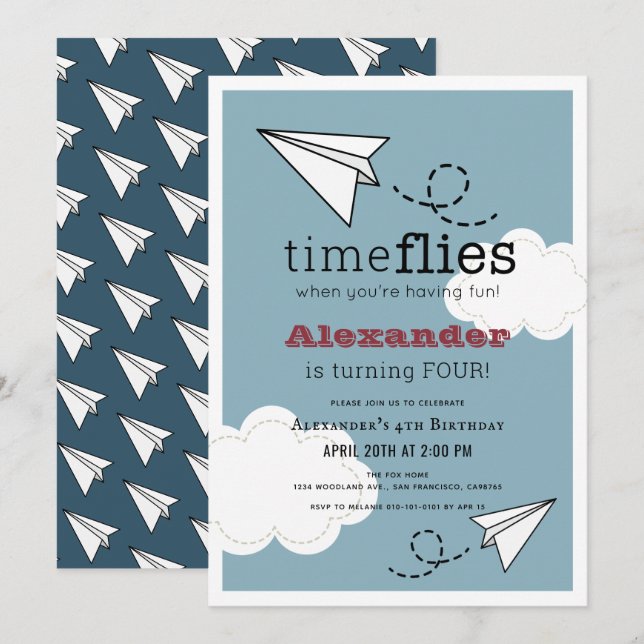 Time Flies Paper Plane Blue Boy Birthday Invitation (Front/Back)