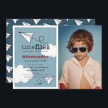 Time Flies Paper Plane Blue Boy Photo Birthday Invitation<br><div class="desc">This cute "time flies" birthday photo invitation features a blue background with paper planes and clouds framed by a white border. The reverse side features a navy blue background with paper plane patterns. Personalize it for your needs. You can find matching products at my store.</div>