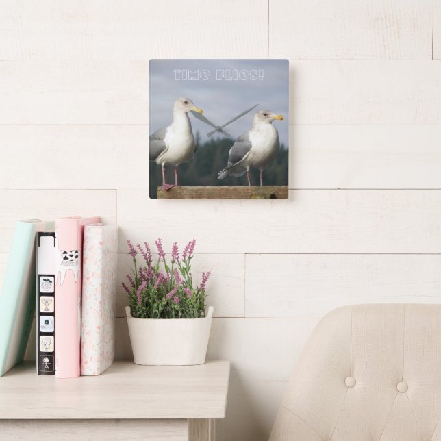 Time Flies Posing Seagulls Photo Square Wall Clock (Reading Room)
