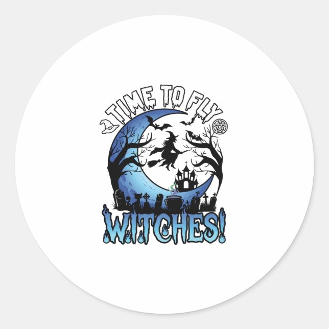 Time Fly Witches Halloween Flying Witch Crescent M Classic Round Sticker (Front)