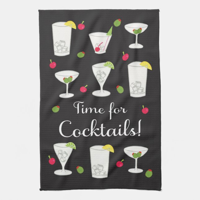 Time for Cocktails Classic Retro Drinks Black Kitchen Towel (Vertical)