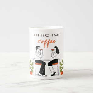 Time for Coffee Cute Couple Illustratio Mug, 15 oz Bone China Mug