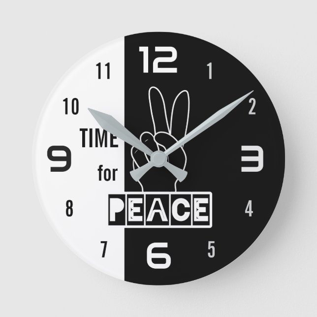 Time for Peace – Black & White Hand Design Round Clock (Front)