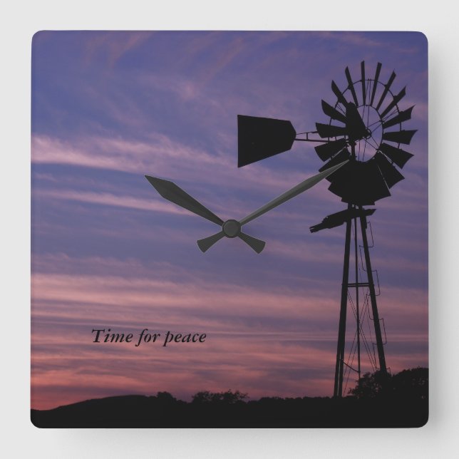 Time For Peace Wall Clock with Windmill in Sunset (Front)