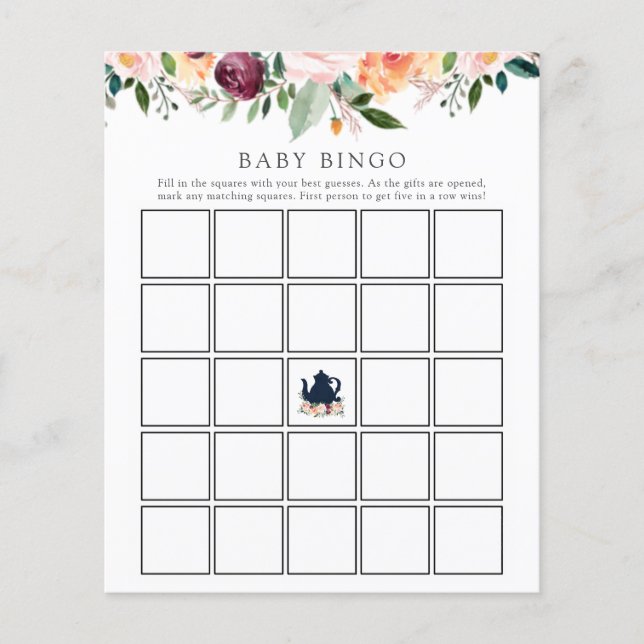 Time for Tea Baby Bingo Game Card (Front)