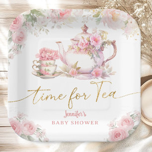 Time for Tea Baby Shower Pink Floral Paper Plate