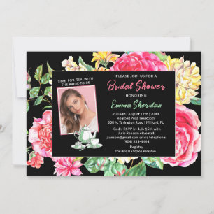Time for Tea Black Floral w/ Photo Bridal Shower Invitation