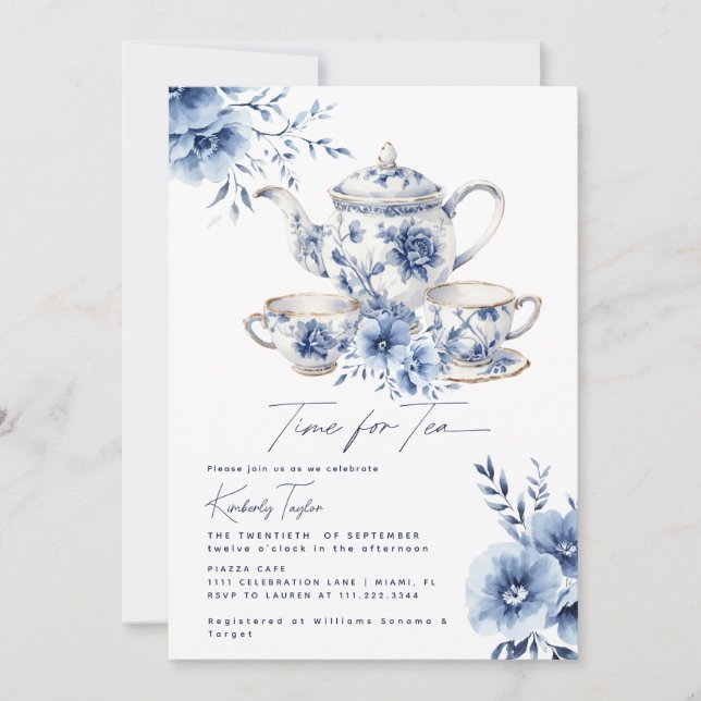 Time for Tea Blue Chinoiserie Bridal Shower Party Invitation (Front)