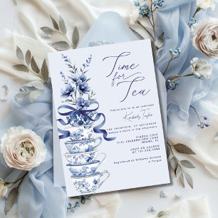 Time for Tea Chinoiserie Blue Bow Bridal Shower Invitation