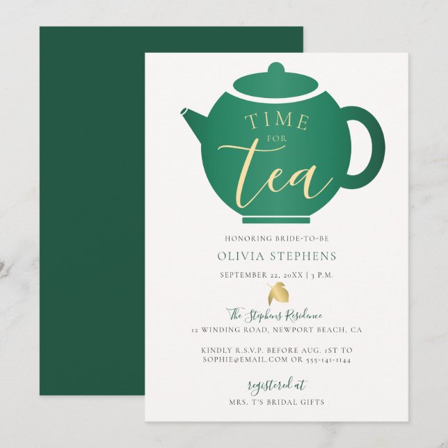Time for Tea Elegant Emerald Gold Bridal Shower Invitation (Front/Back)