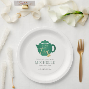 Time for Tea Emerald Gold Elegant Bridal Shower Paper Plate