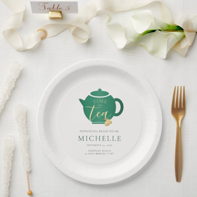 Time for Tea Emerald Gold Elegant Bridal Shower Paper Plate (Wedding)
