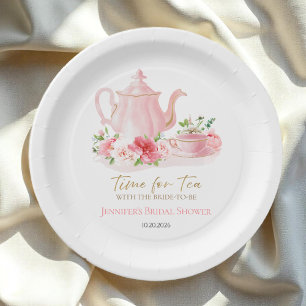 Time for Tea Gilded Pink Bridal Shower Paper Plate