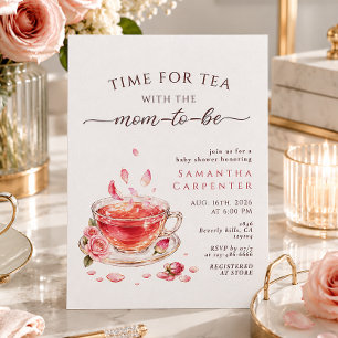 Time for tea glass teacup pink roses baby shower invitation