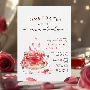 Time for tea glass teacup pink roses baby shower invitation