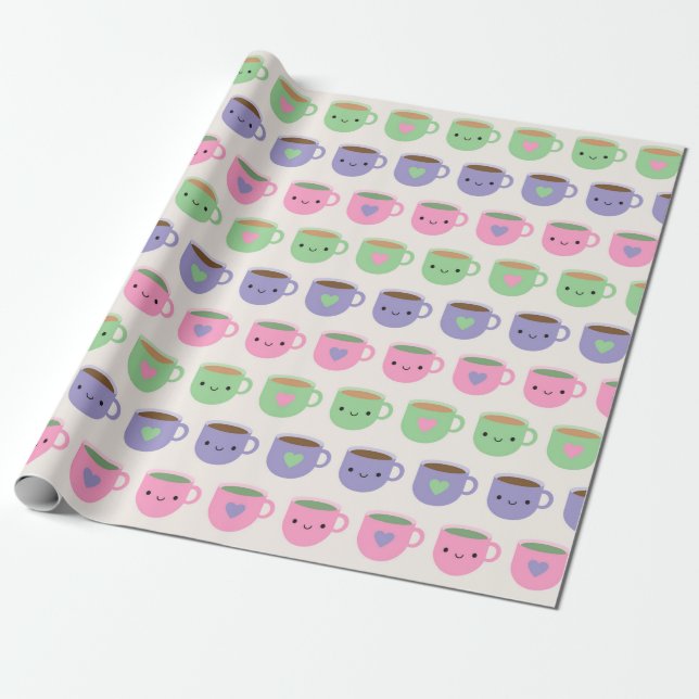 Time For Tea - Kawaii Cup of Tea Wrapping Paper (Unrolled)