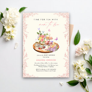 Time for tea macrons cups butterfly baby shower  invitation